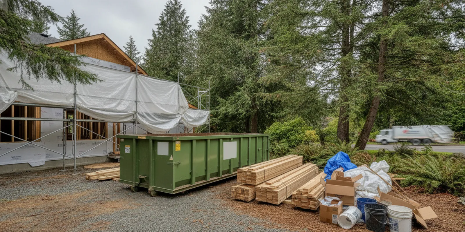 Roll-off dumpster placed beside an active residential renovation site