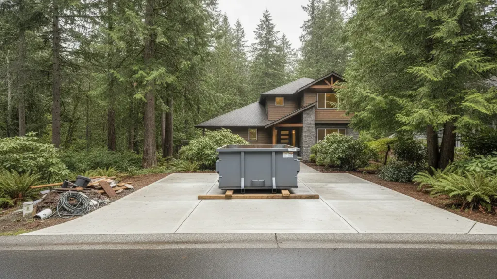 15-yard dumpster placed on protective boards for a residential project