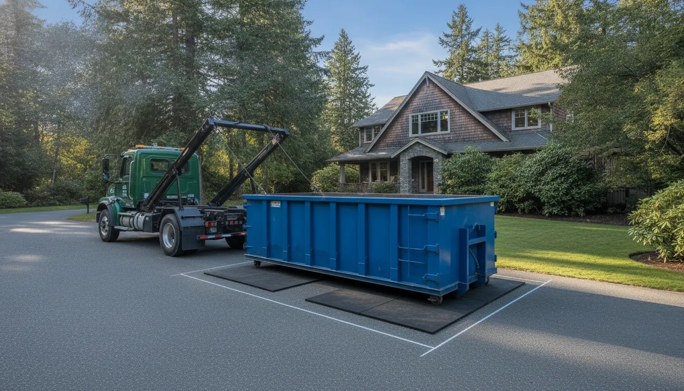 Get Gawn roll-off truck placing a dumpster on protective driveway pads
