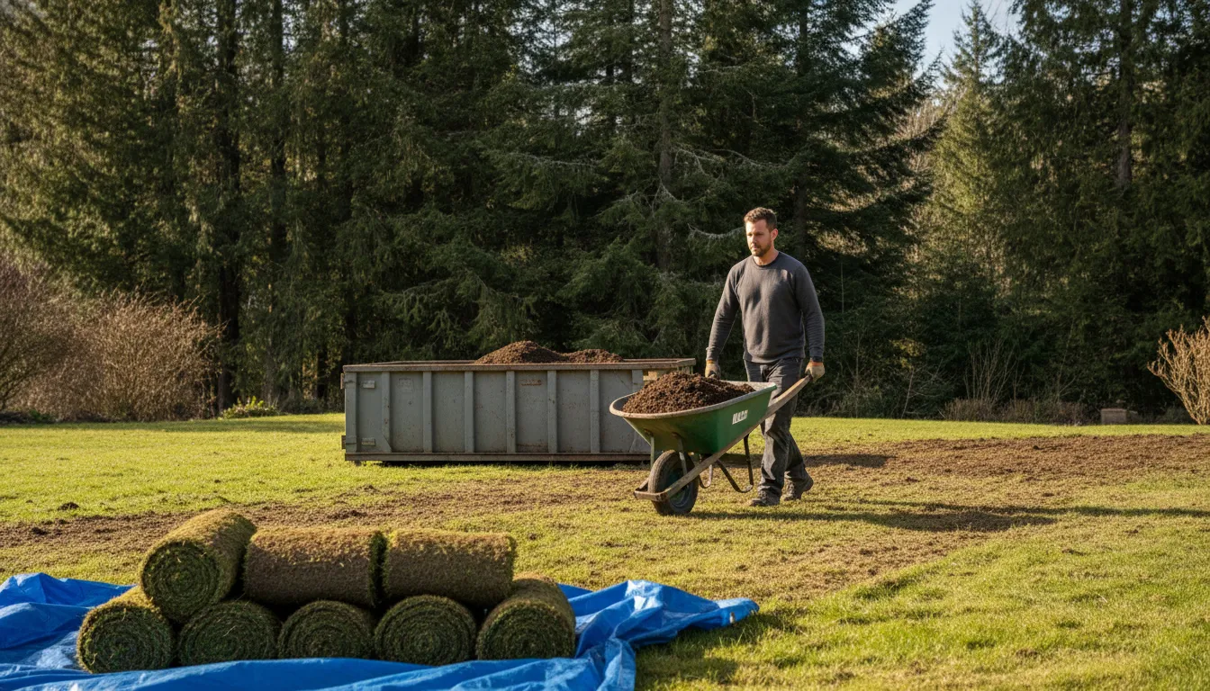Landscaper loading soil near a dumpster for where can I dump dirt guidance