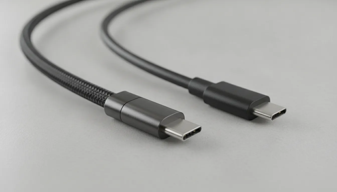 Braided USB-C cable beside a standard smooth cable jacket