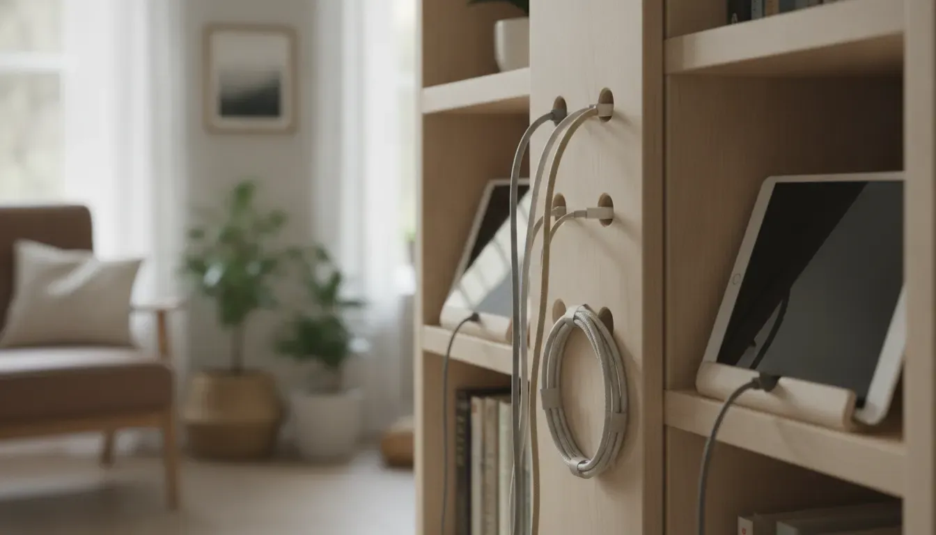 DIY family charging station cable organization with braided cables routed through wooden bays