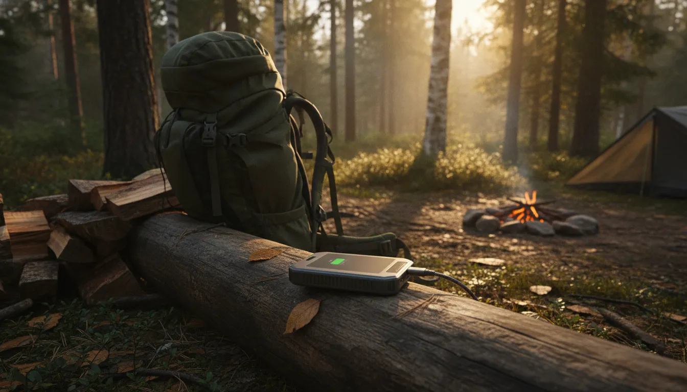 Portable power bank charging a phone at a forest camping site