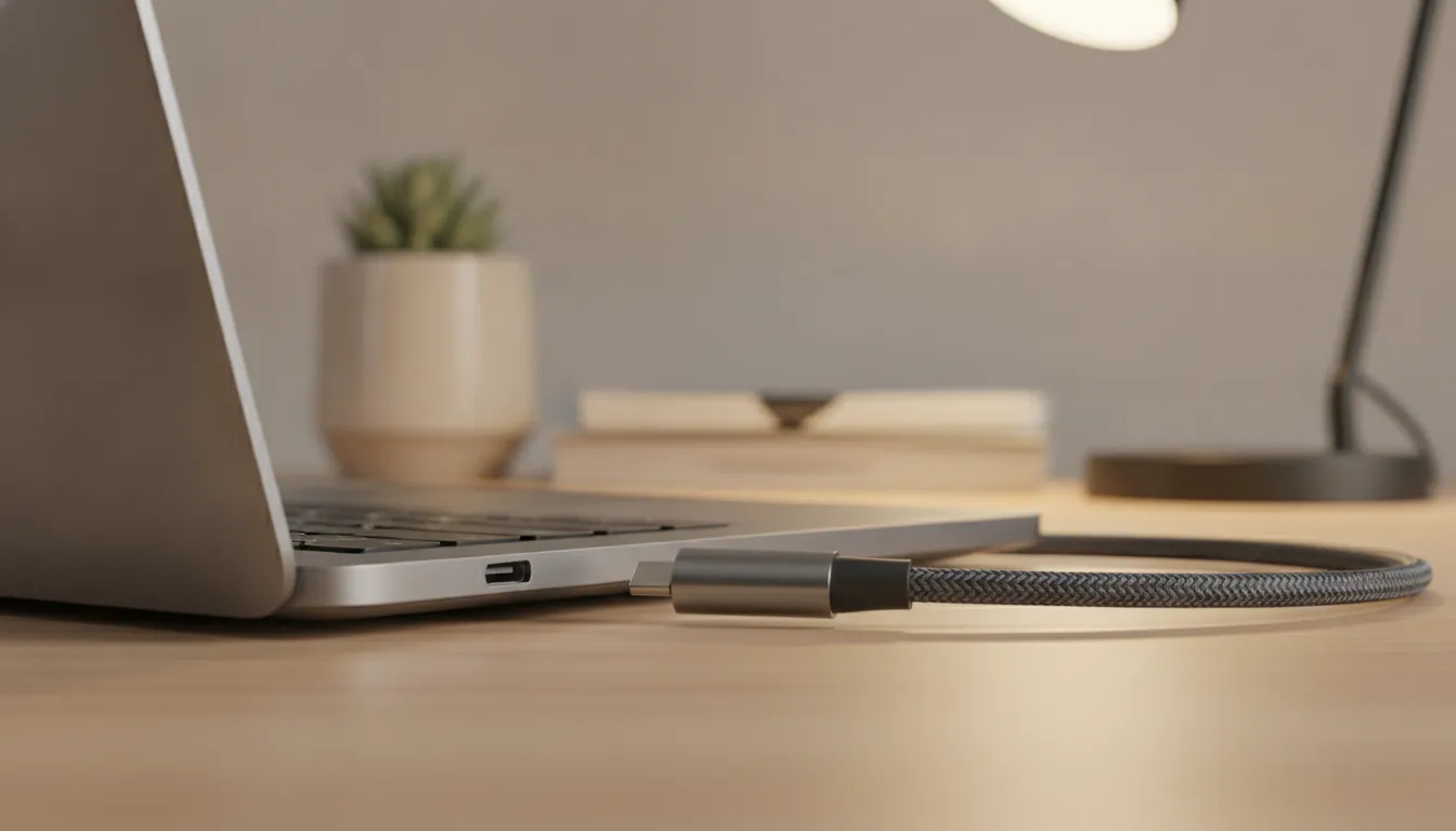 Durable USB C cable features and connector details beside a laptop port