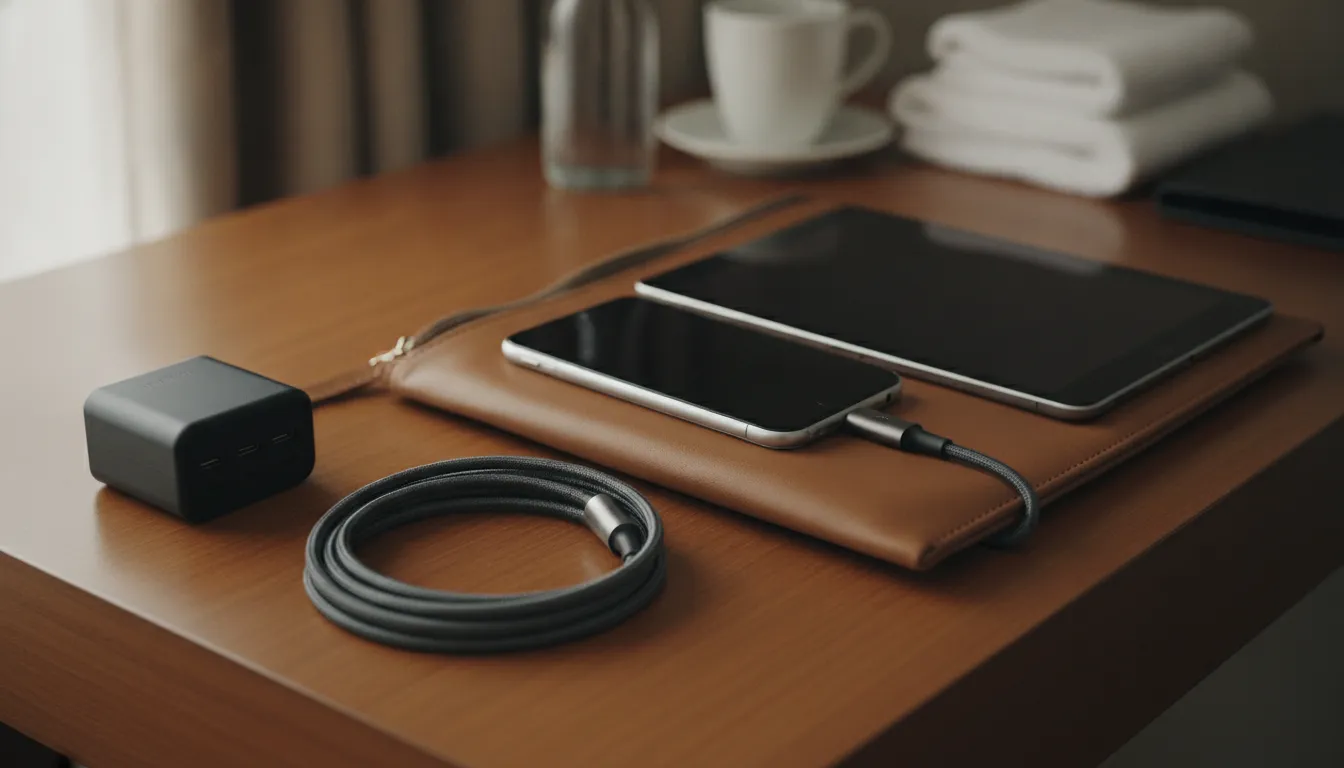 Durable USB C cable features for an organized travel charging kit