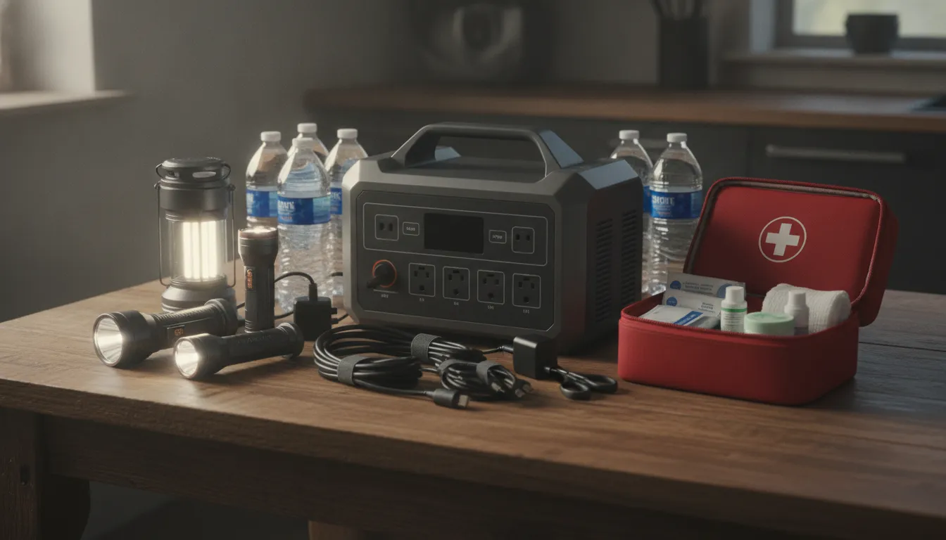 Family emergency power bank kit with flashlights and charging cables
