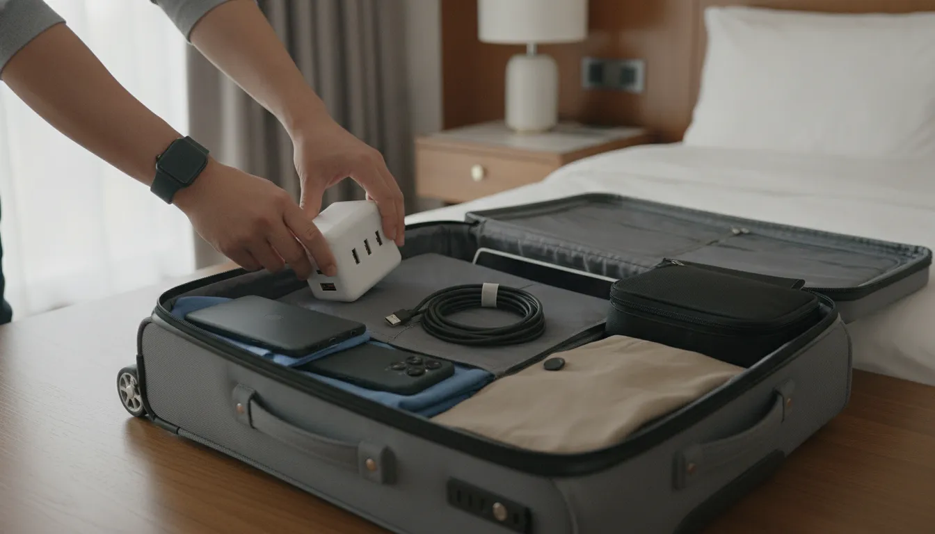 Gallium nitride charger packed with USB-C cables, phone, tablet, and laptop for travel