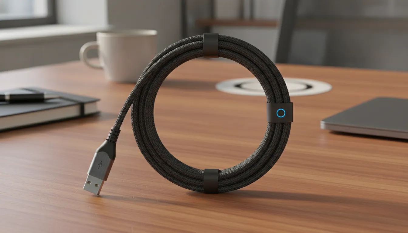 Durable black braided KEUTEK USB-A to USB-C fast charging cable on a wooden desk