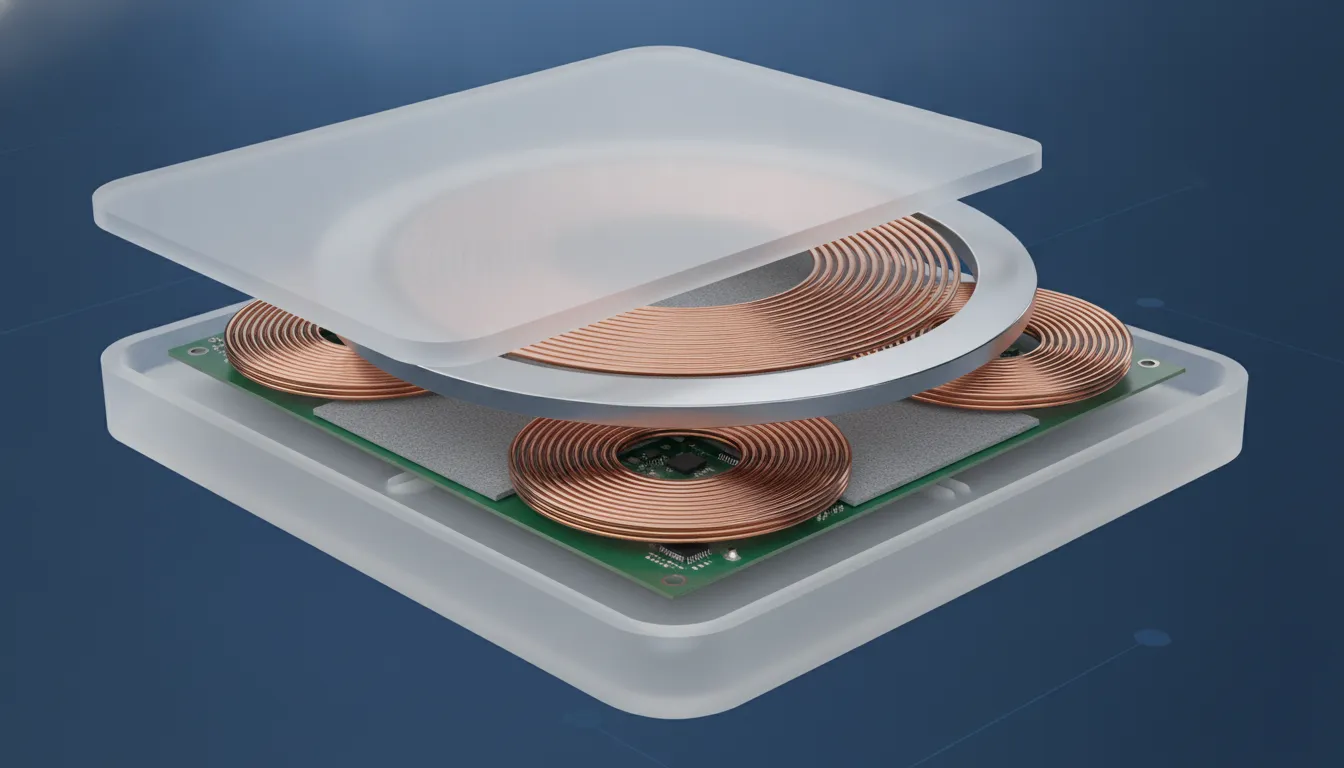 Diagram showing Qi2 wireless charging coils and magnetic alignment ring inside a charging mat