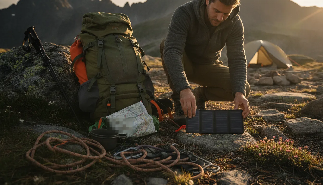 Best solar charger for backpacking positioned beside a pack at a mountain campsite