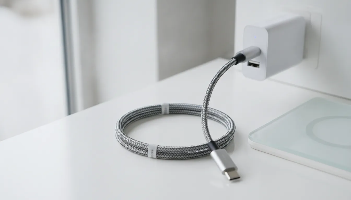 Premium KEUTEK USB-A to USB-C cable connected to a sleek white fast wall charger block