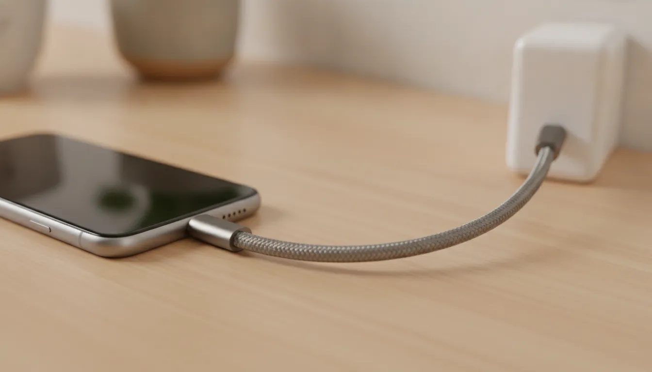 Apple 17 Pro USB-C charging cable connected to a compact charger