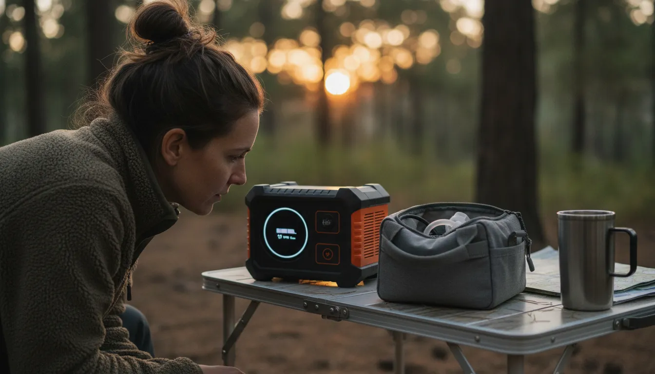Camper checking a portable power station battery display beside CPAP travel equipment at a campsite