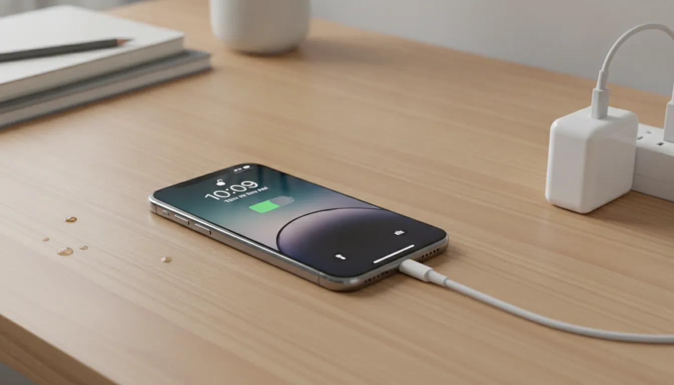 iPhone 12 connected to a 20W USB-C PD fast wall charger on a wooden desk