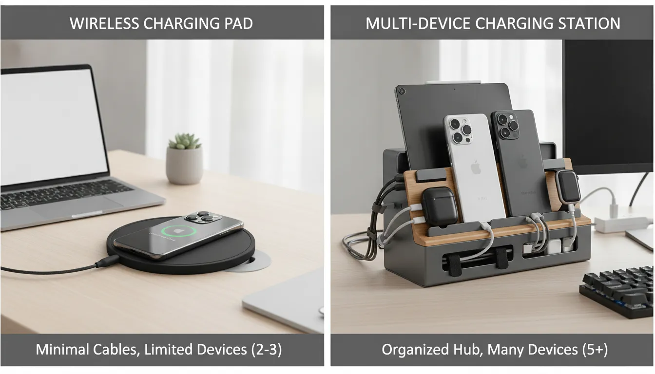 Side by side view of a wireless charging pad and a multi-device charging station on a modern desk