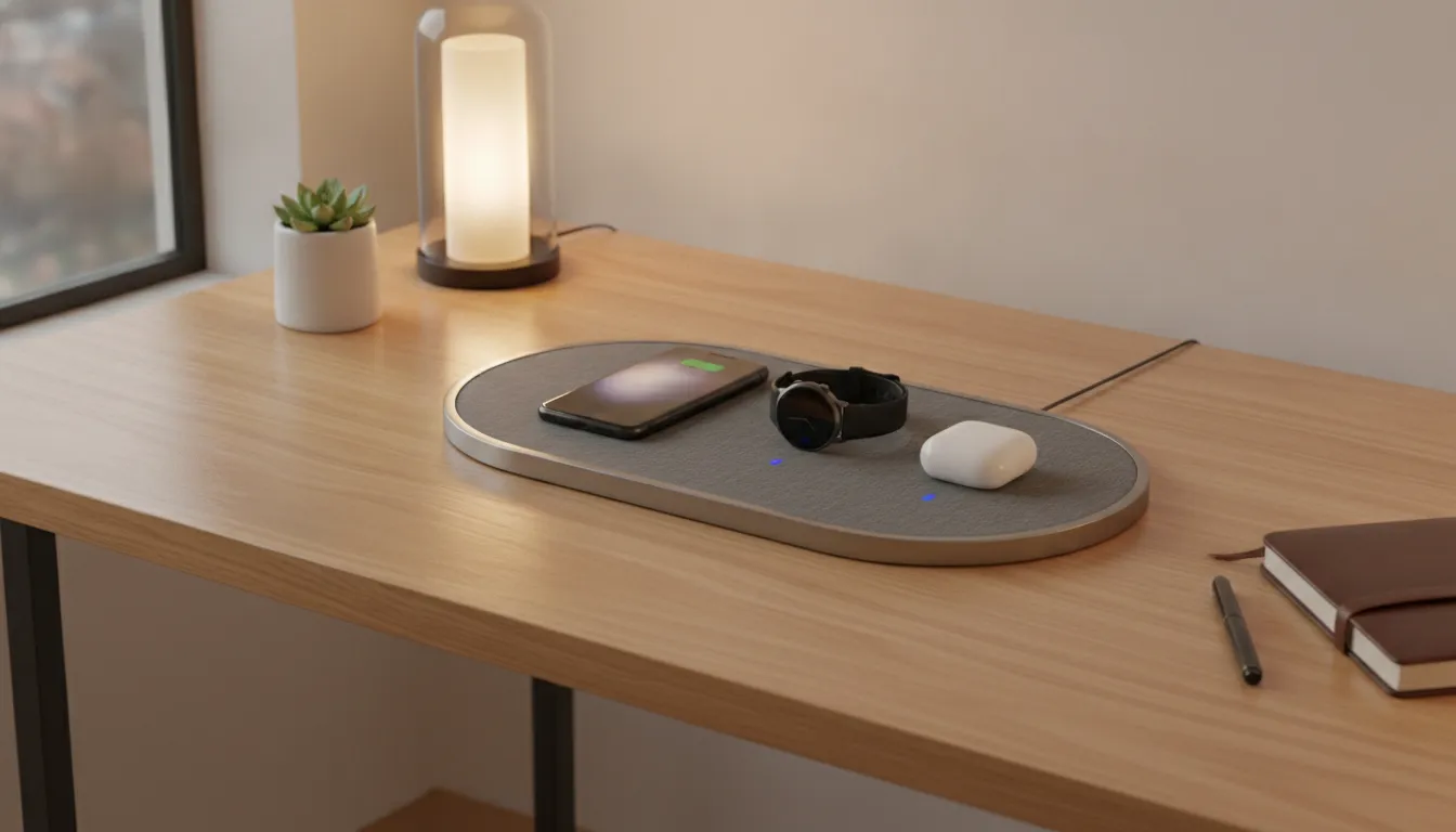 Charging mat on a desk wirelessly charging a smartphone, smartwatch, and earbuds simultaneously