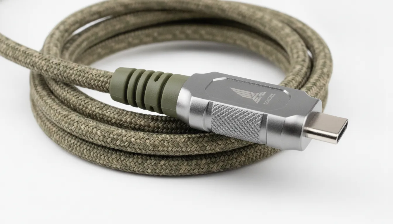 Durable braided nylon charging cable close-up with reinforced neck