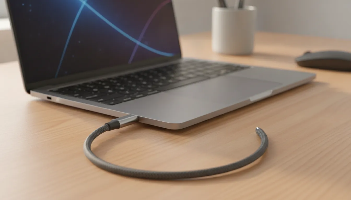 Rugged charging cable fast-charging a laptop on a workspace desk