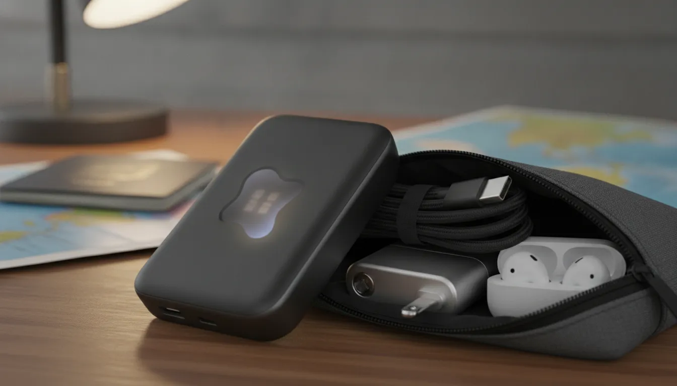 Power bank on airplane with readable 99Wh capacity label in a carry-on bag
