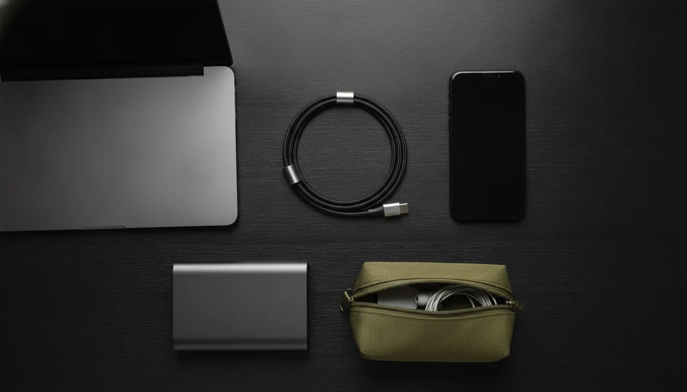 Magnetic USB-C cable arranged in a compact everyday carry charging kit