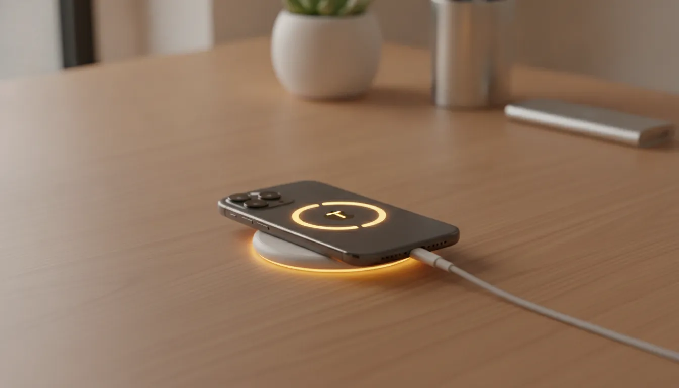 iPhone 12 on a MagSafe wireless charging puck with magnetic alignment
