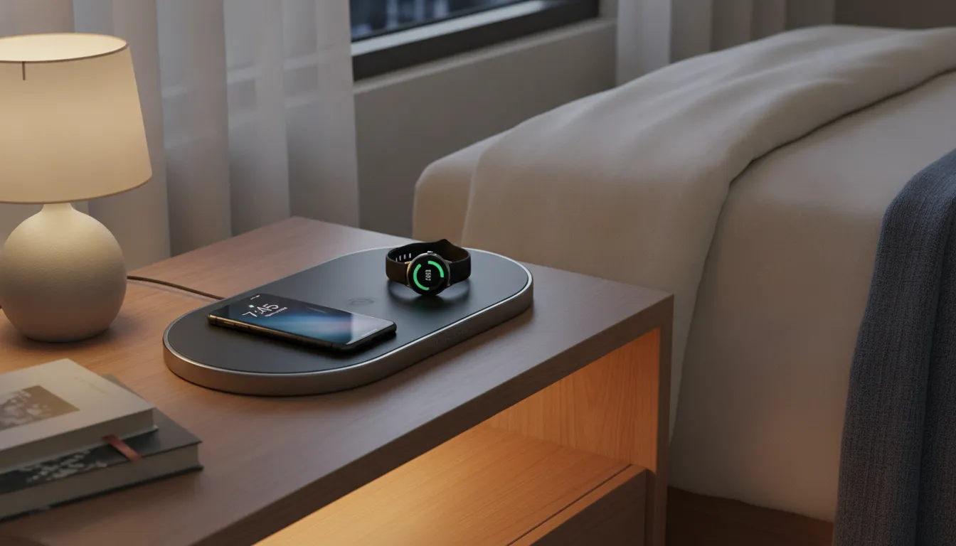 Charging mat on a nightstand wirelessly charging a smartphone and smartwatch overnight