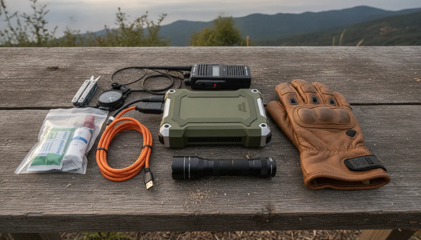 Heavy duty power bank arranged with outdoor work and emergency kit gear