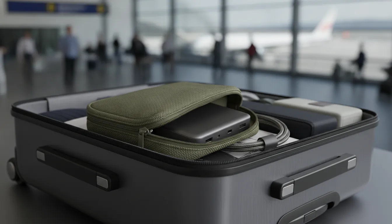 Protected power bank on airplane packed in an accessible carry-on