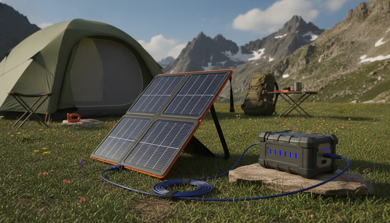 Portable solar panel charging a power bank outside a tent at a sunny campsite