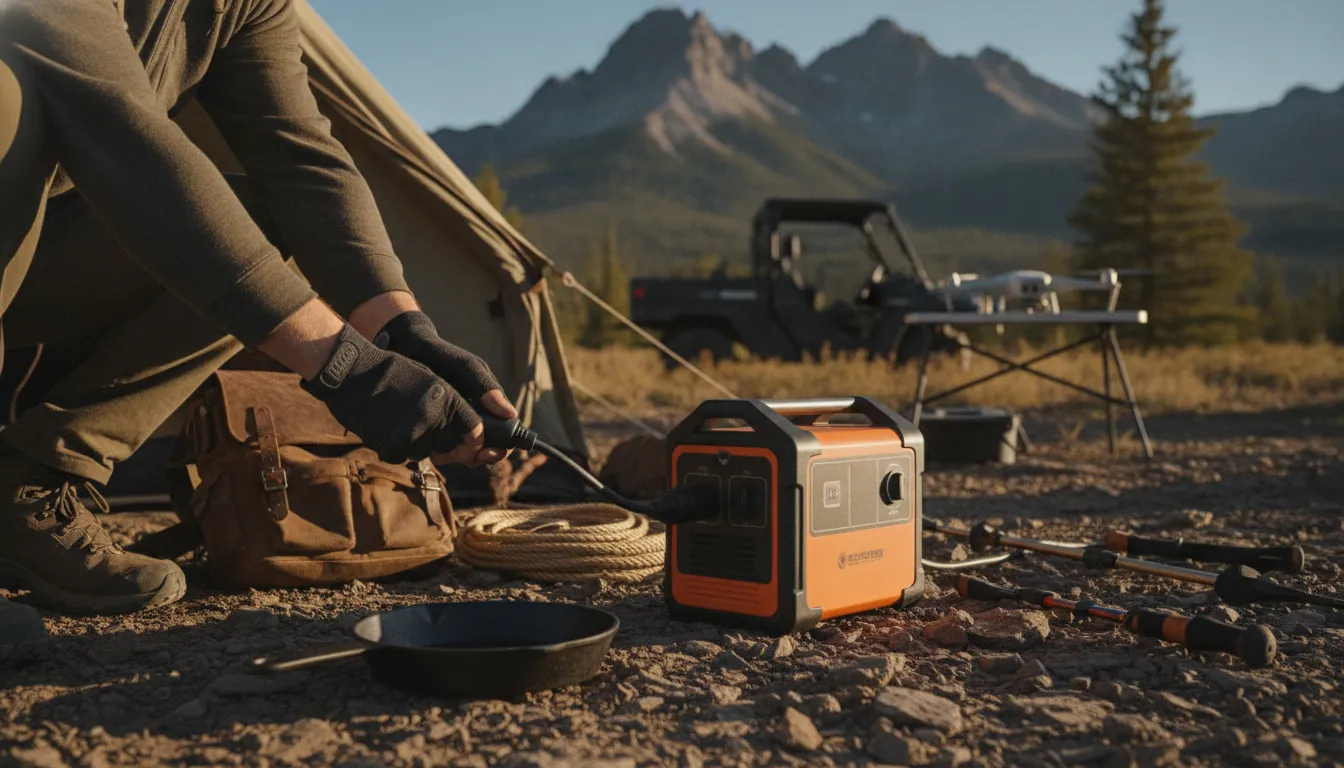 Portable Solar Power System with folding panels charging beside a tent