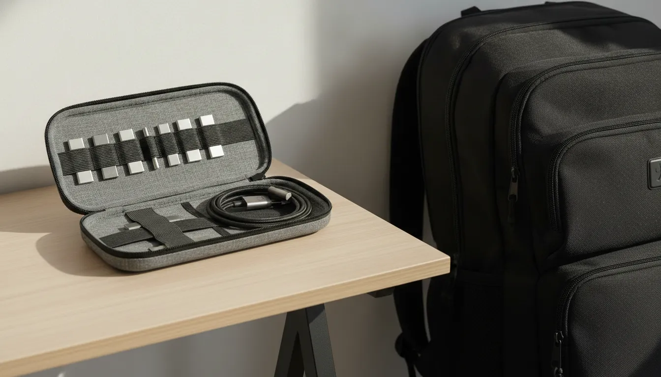Travel case organizing magnetic charging tips and cable