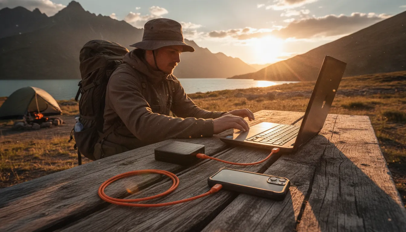 Magnetic USB-C breakaway charging cable used while traveling outdoors, protecting the laptop port