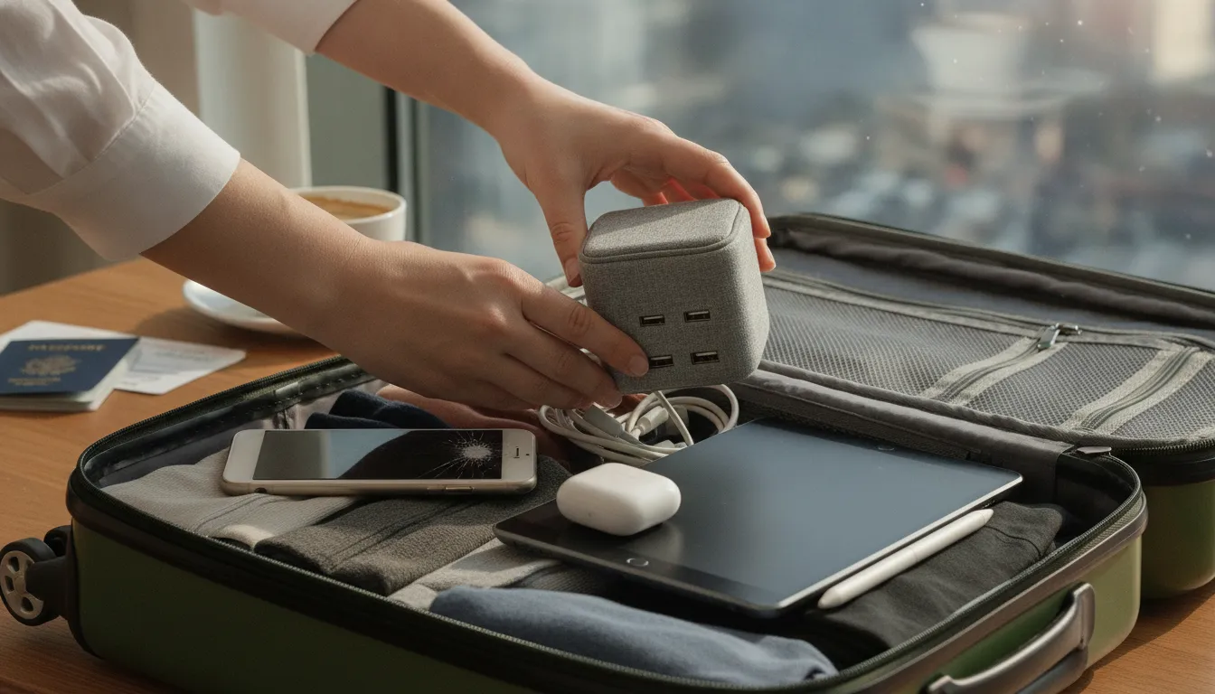 Traveler packing a compact multi-device charging station and electronics in a carry-on bag