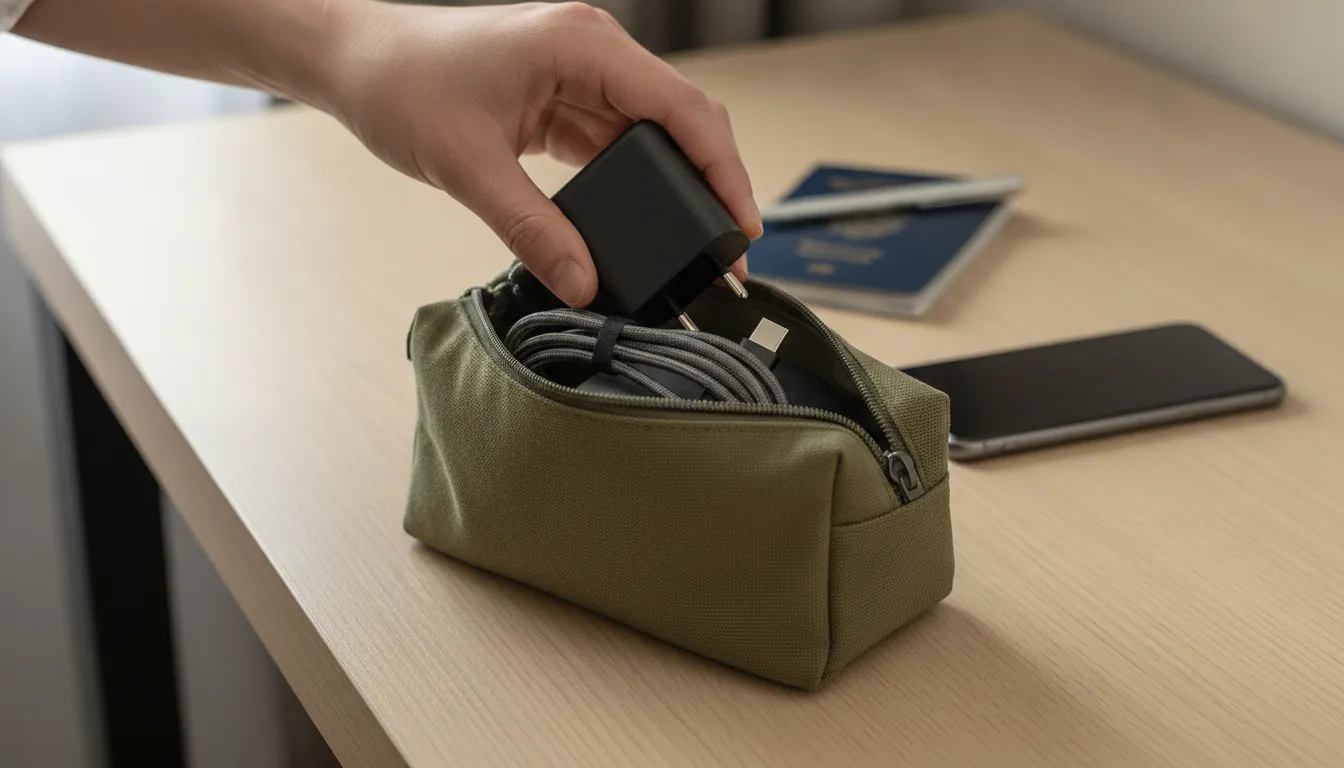 Apple 17 Pro travel charging setup with USB-C cable and compact charger