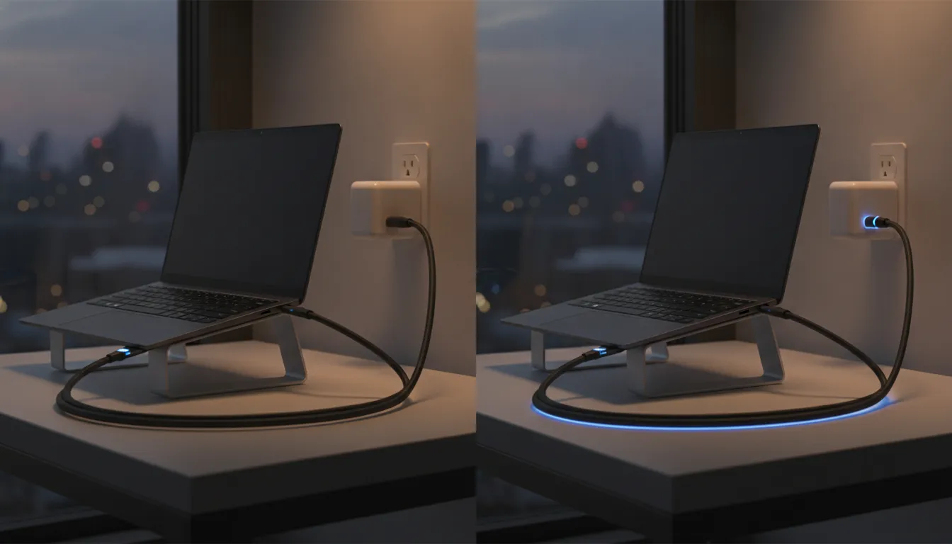 USB-C charging power chain connecting a laptop, cable, and charger