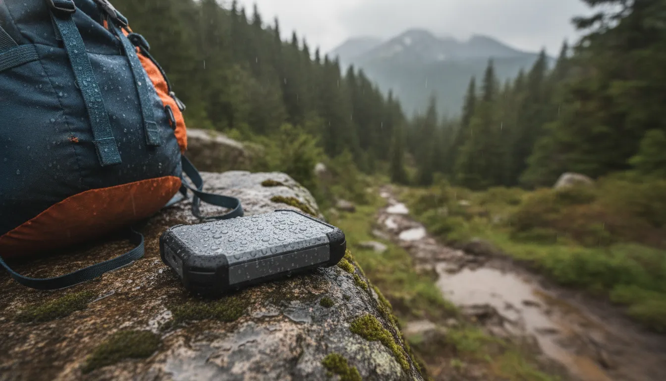 Waterproof power bank on a wet rock beside hiking gear