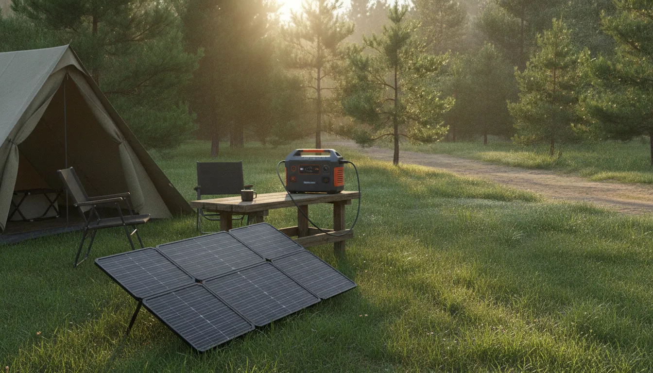 Portable power station with solar panel charging at a mountain campsite