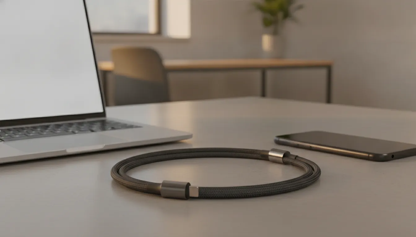 Premium KEUTEK USB-C cable fast charge setup with a black braided cable beside a smartphone and laptop
