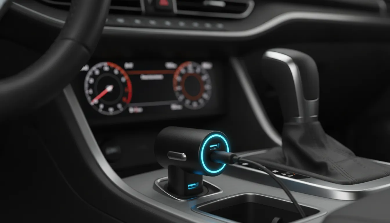 KEUTEK USB-C car charger plugged into a vehicle 12V accessory socket with the USB-C cable connected