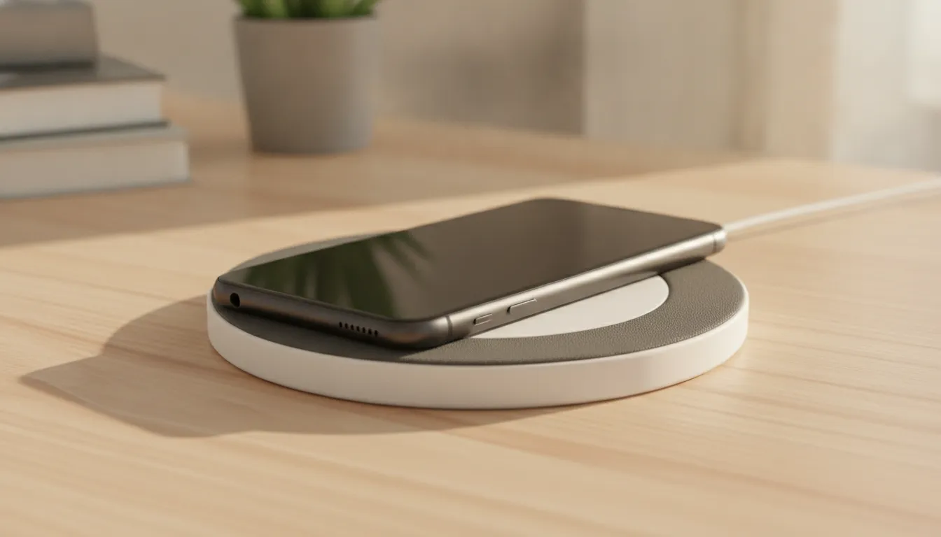 A smartphone resting securely on a wireless charging pad with a rubber grip ring