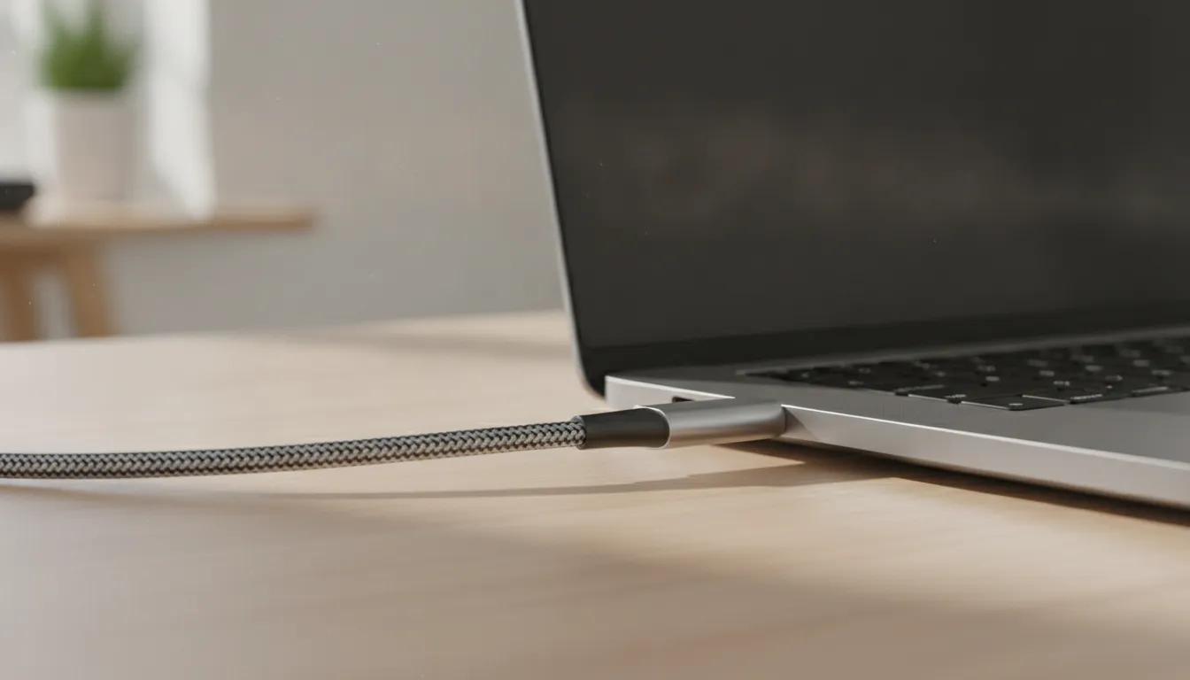 braided USB-C cable connected to a slim laptop charging port on a desk