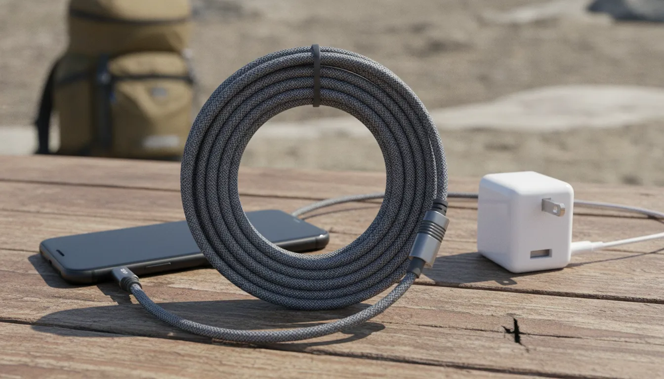 Durable braided USB-A to Lightning cable coiled beside a smartphone and compact wall charger on a rugged table