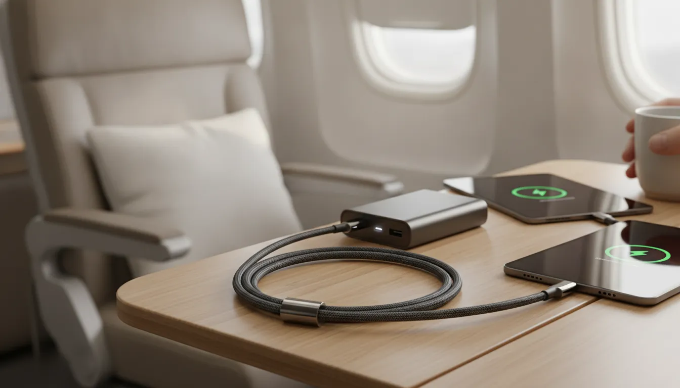 Thick braided USB-C cable fast charge connector on a travel desk with a power bank and devices charging