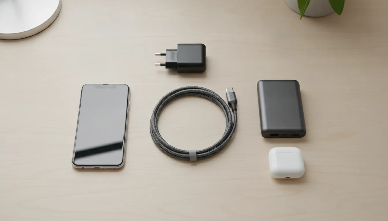 coiled braided USB-C cable arranged with a phone and portable power bank in a tidy travel kit
