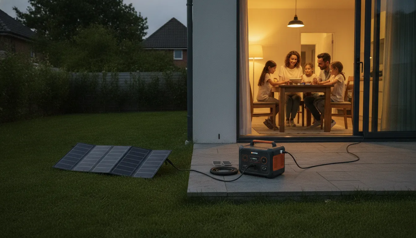 Portable power station with solar panel providing backup power during a home outage
