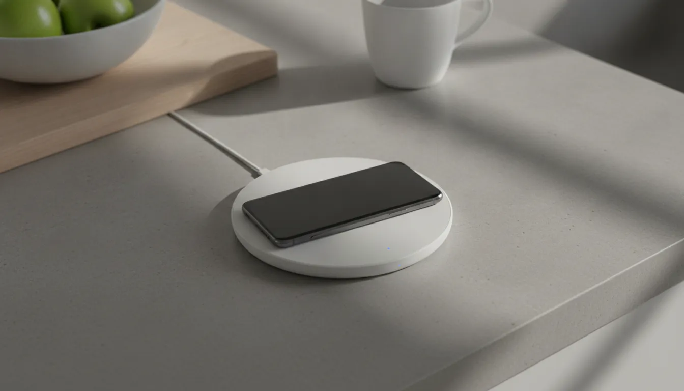 A smartphone charging on a wireless pad in a car with a secure grip