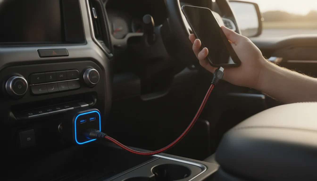 Smartphone charging from a braided USB-C fast car charger with two ports in a truck cabin