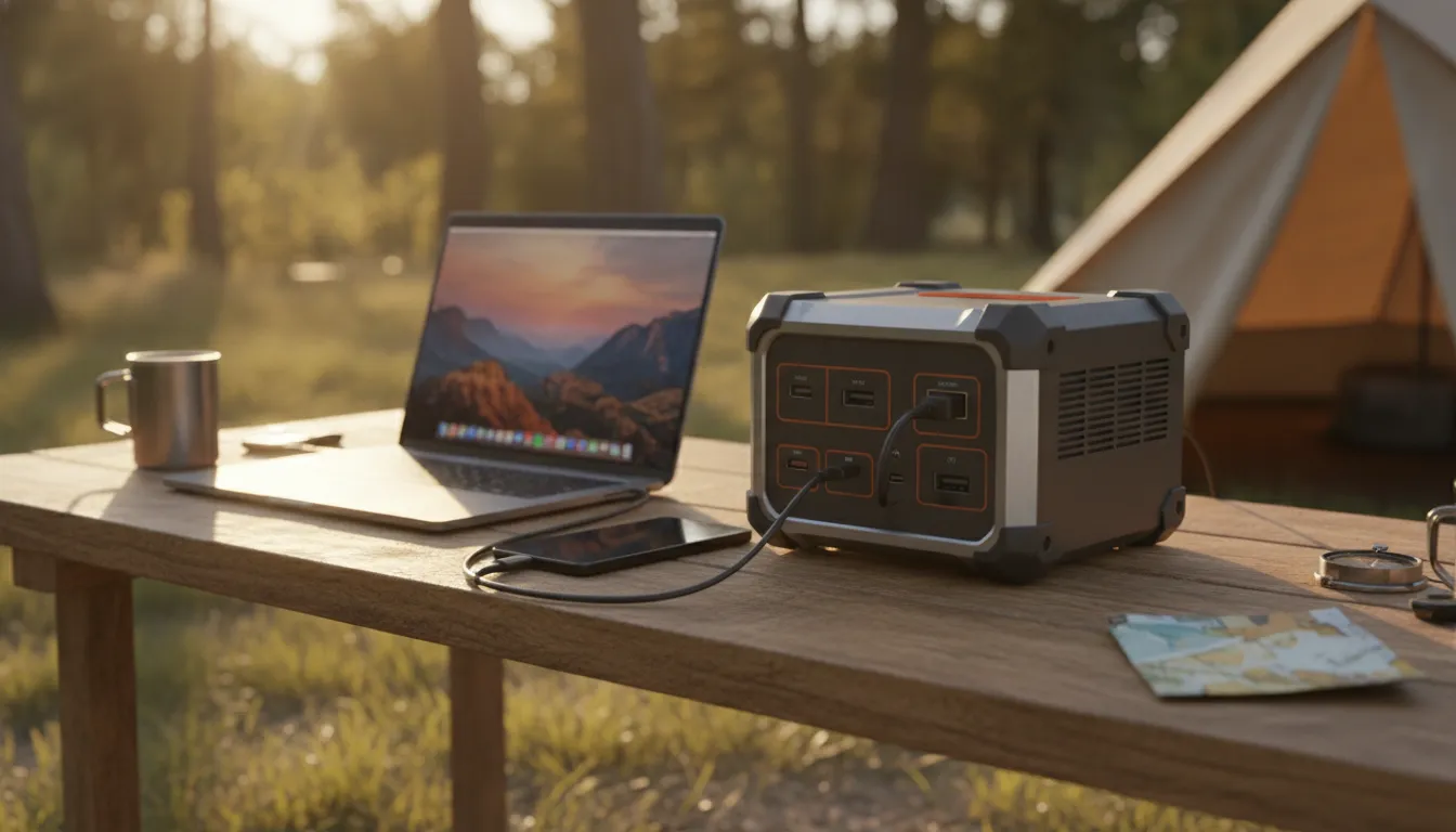 Portable Power Inverter supporting a laptop and phone at a campsite