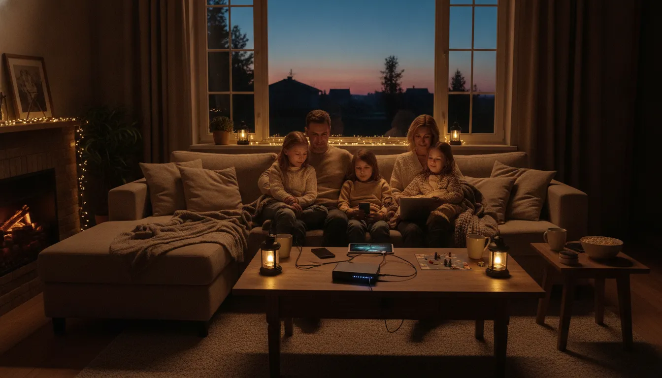 Family using emergency power bank during a home outage