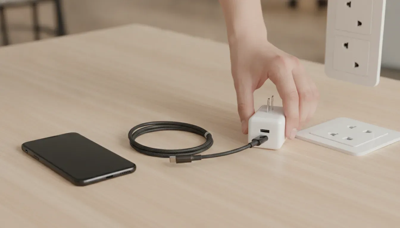 Phone charger not working diagnostic with a phone, USB-C cable, wall adapter, and outlet